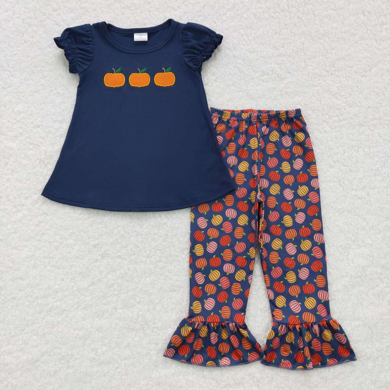GSPO0762 RTS Halloween cartoon embroidery pumpkin short sleeve children blue girl outfit 20230814