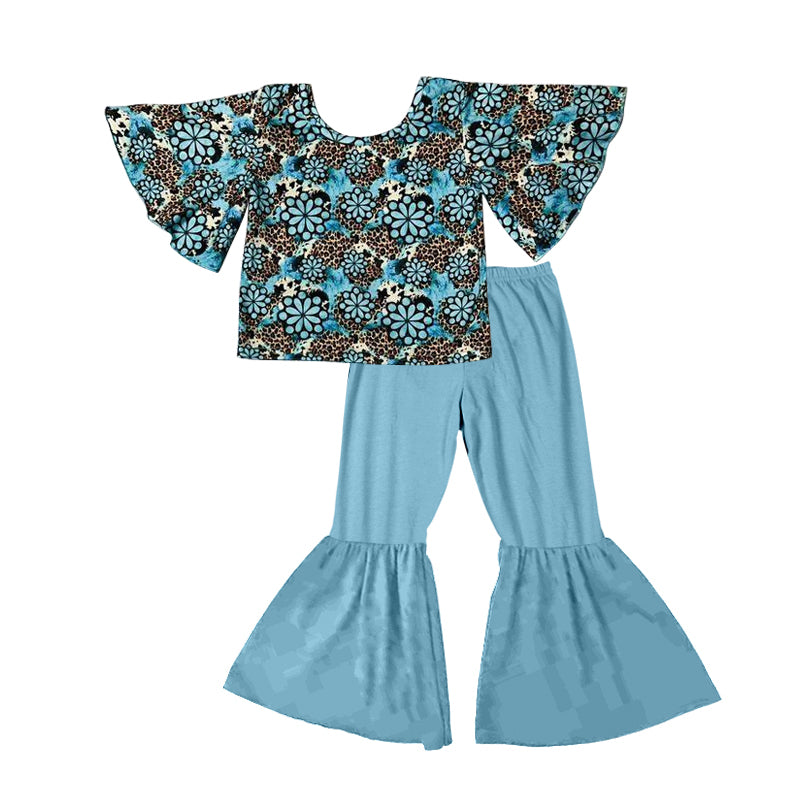 GSPO0768 western short sleeve blue flower gem children girl outfit preorder 20230624