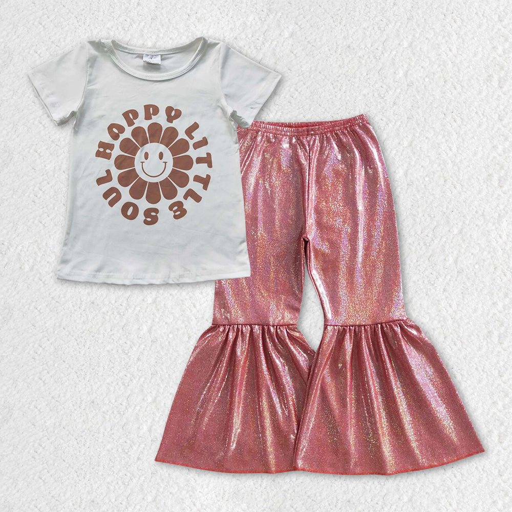 GSPO0920 satin fabric gilding Happy little soul short pants short sleeve children boys girl outfit RTS 20230925