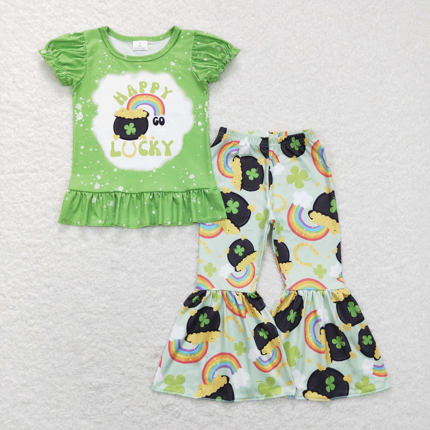 GSPO1046 short st Patrick sleeve Green leaves lucky girl outfit 202312 RTS