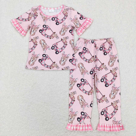 GSPO1100  RTS western short sleeve deer toy car girl pink pajamas outfit 202401