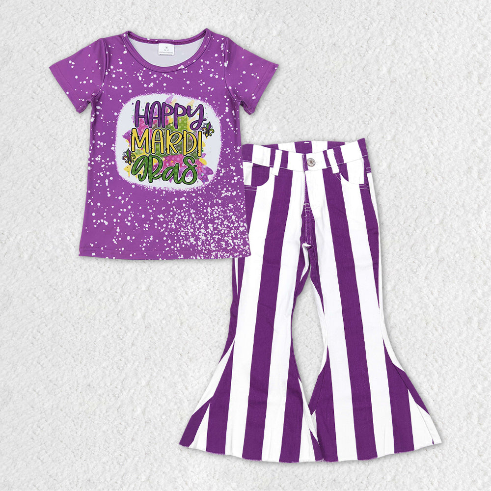 GSPO1123 western Happy Mardi Gras purple stripe jeans short sleeve denim jeans girl outfit 20231121 RTS