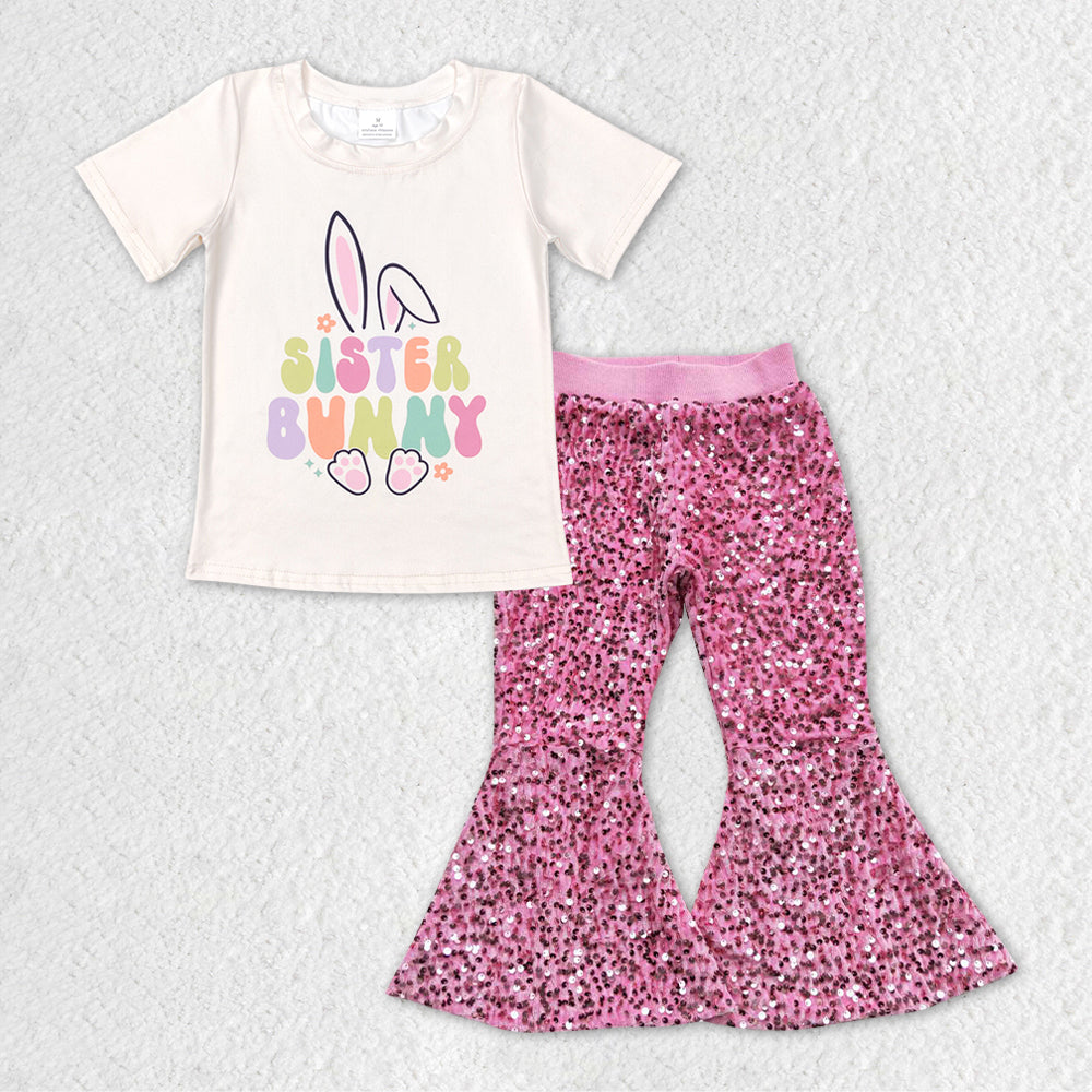 GSPO1138 RTS sister Easter bunny short sleeve pink sequin girl outfit 20231121 RTS