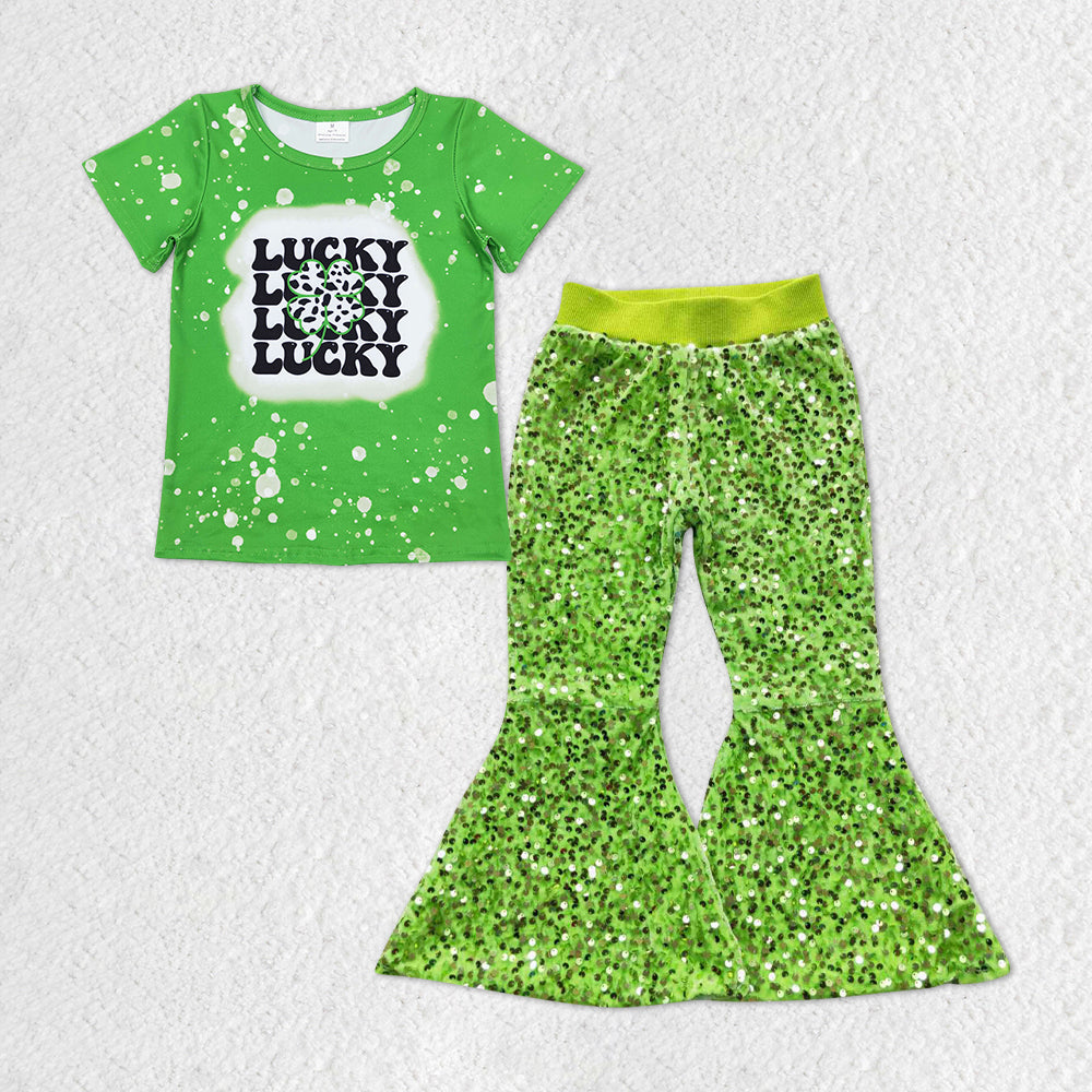 GSPO1298 light green lucky long sleeve sequin girl outfit 202312 RTS