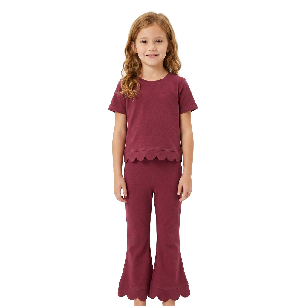 NO MOQ RTS GSPO2341-scallop-bundle Baby Girl Clothes Solid Maroon Scallop Trim Short Sleeve Top Flare Pant Set