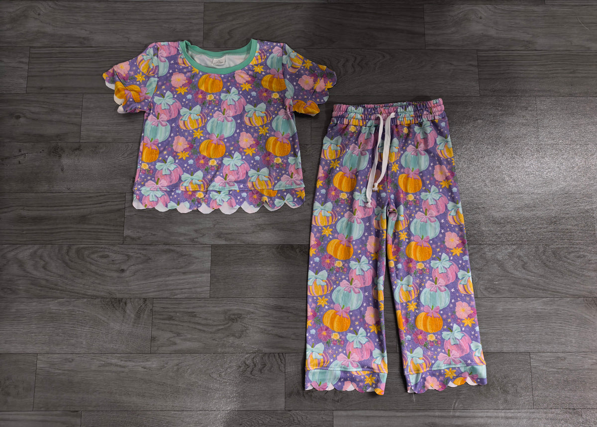Sample-Real Pics GSPO2364 Baby Girl Clothes Pastel Pumpkin Bow Floral Mixed Print Short Sleeve Top Wide Leg Pant Set