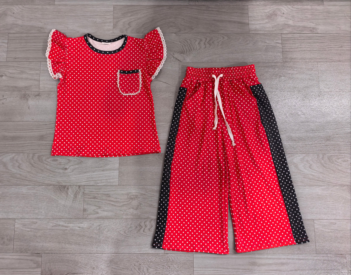 Sample-Real Pics GSPO2370 Baby Girl Clothes Red White Polka Dot Print Short Sleeve Lace Ruffle Top Wide Leg Pant Set