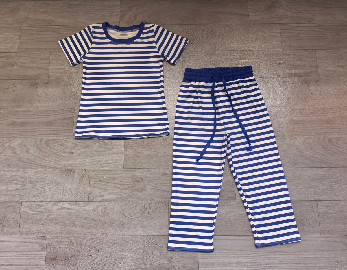 Sample-Real Pics GSPO2385 Baby Girl Clothes Blue White Striped Allover Print Short Sleeve Top Long Pant Set