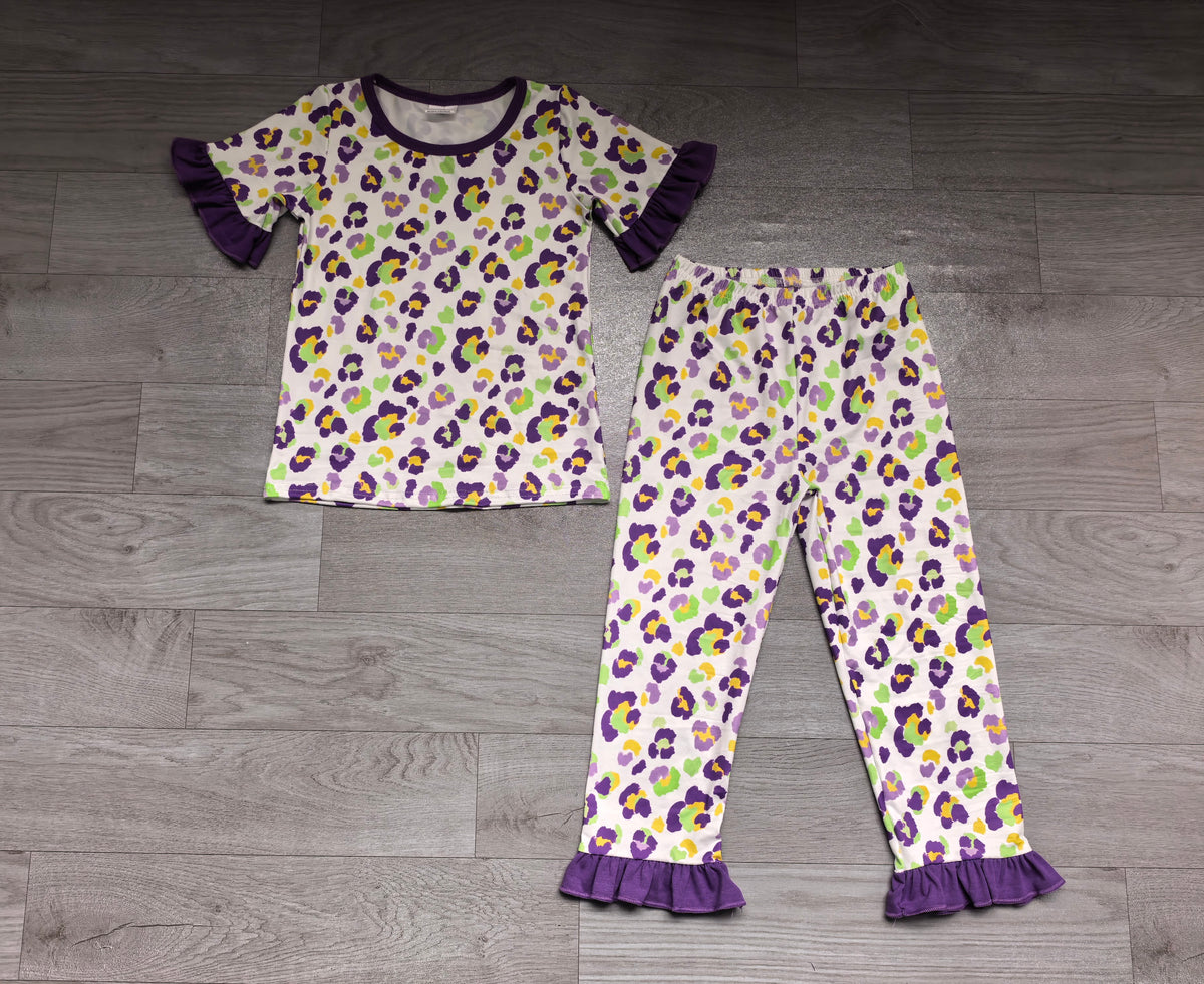 Sample-Real Pics GSPO2388 Baby Girl Clothes Mardi Gras Leopard Mixed Color Print Short Sleeve Ruffle Top Flare Pant Set