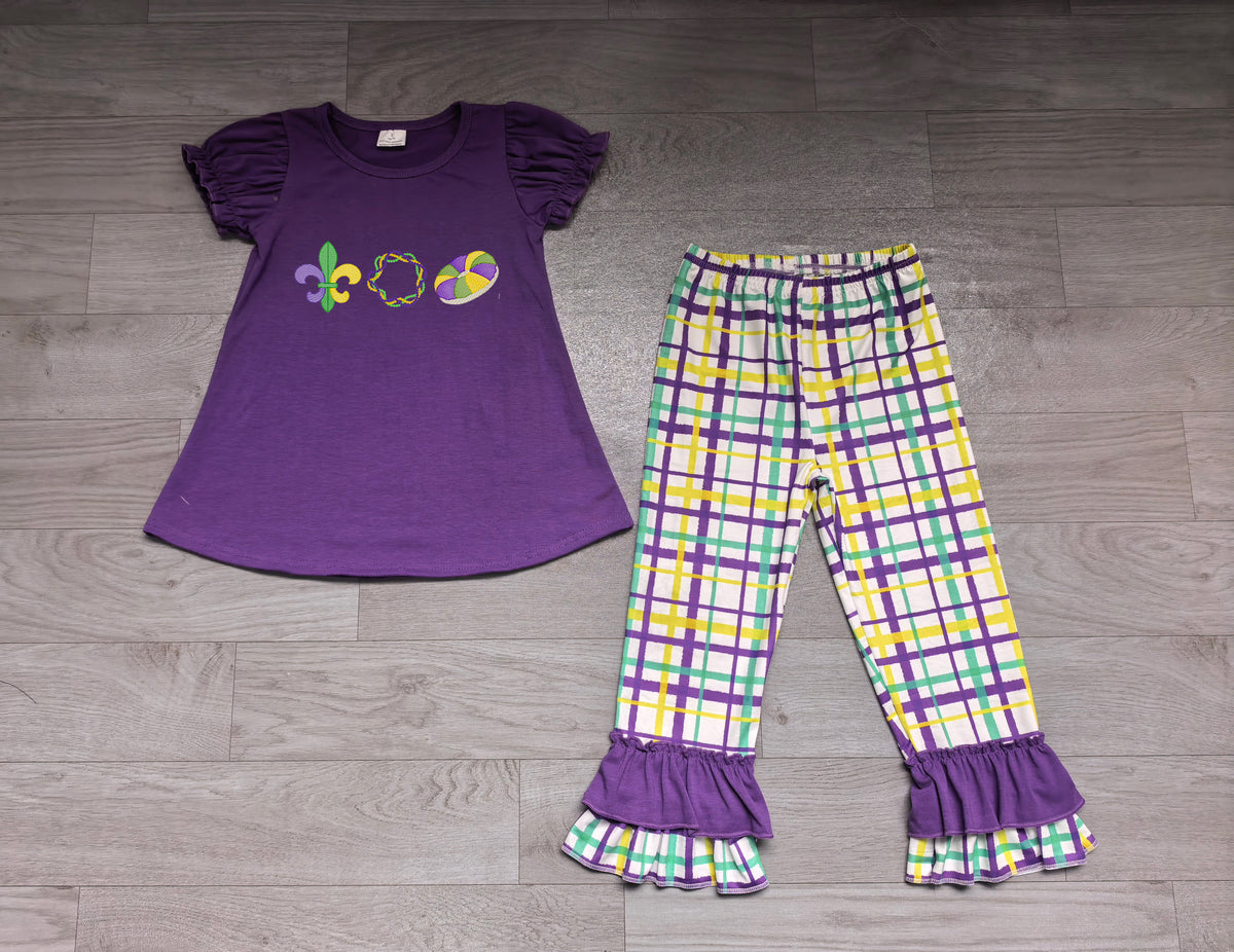 Sample-Real Pics GSPO2395 Baby Girl Clothes Mardi Gras Symbol Graphic Print Short Puff Sleeve Top Plaid Flare Pant Set