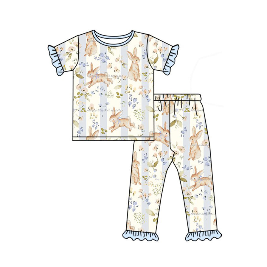 Preorder (moq 5) GSPO2400 Baby Girl Clothes Bunny Floral Stripe Allover Print Short Sleeve Ruffle Top Long Pant Pajama Set