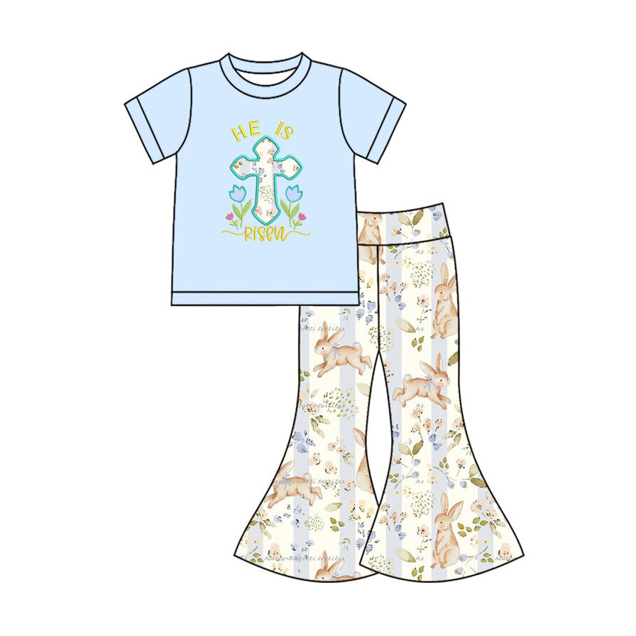 Preorder (moq 5) GSPO2401 Baby Girl Clothes He Is Risen Cross Bunny Print Short Sleeve Top Flare Pant Outfit Set