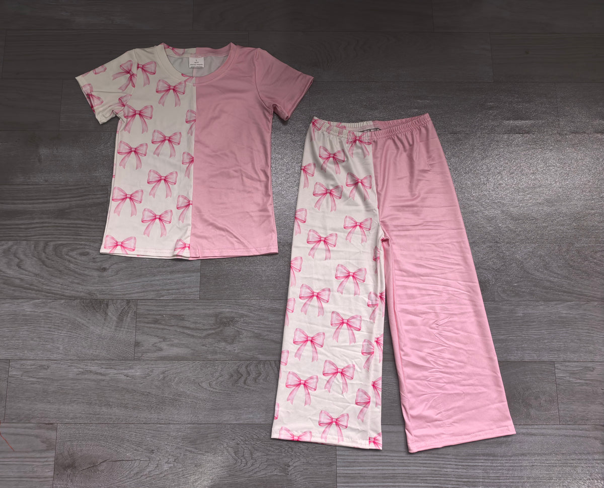 Sample-Real Pics GSPO2403 Baby Girl Clothes Bunny Mixed Print Short Sleeve Top And Solid Pink Flare Pant Set