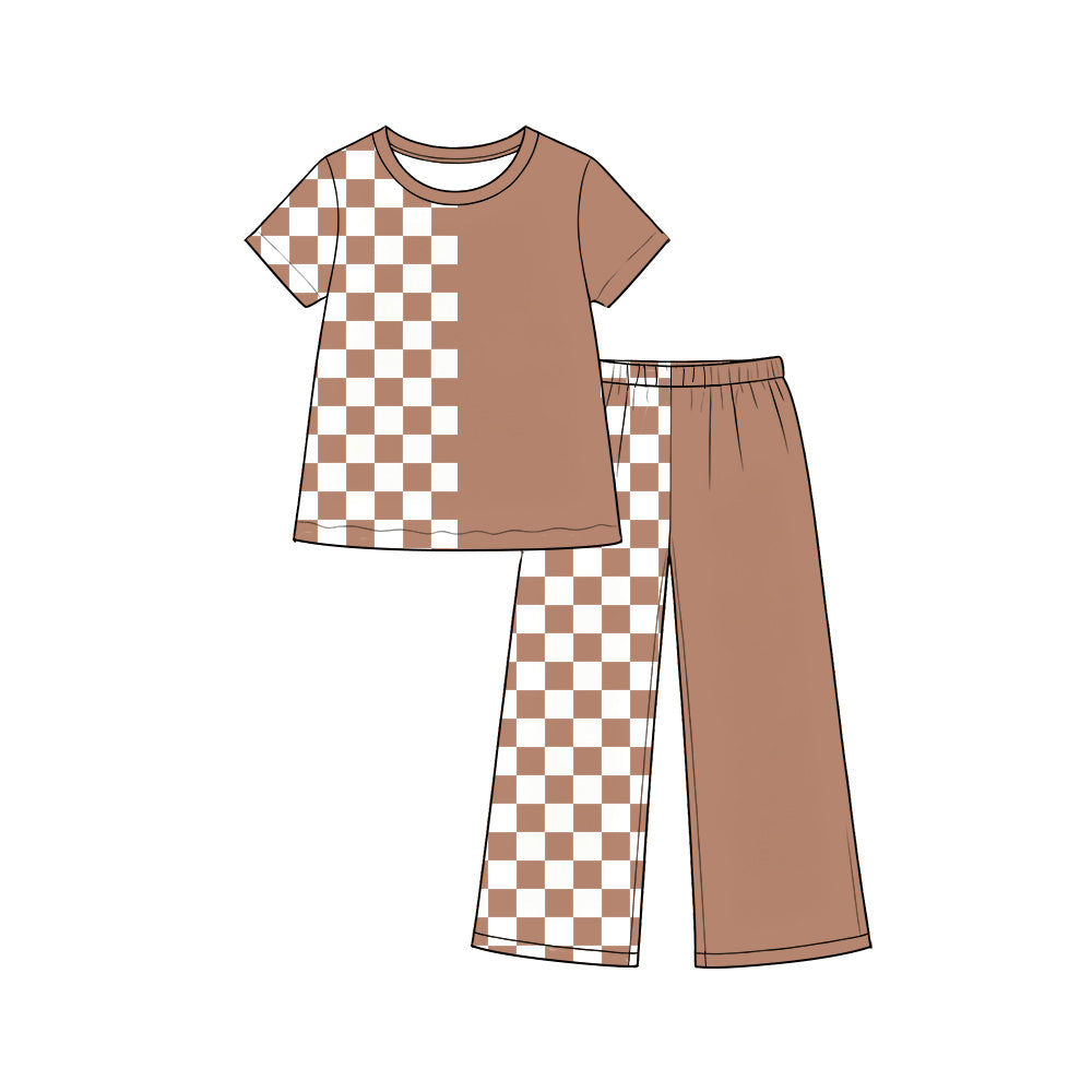 Preorder (moq 5) GSPO2404 Baby Girl Clothes Half Brown Checker Half Solid Brown Print Short Sleeve Top Wide Leg Pant Outfit Set