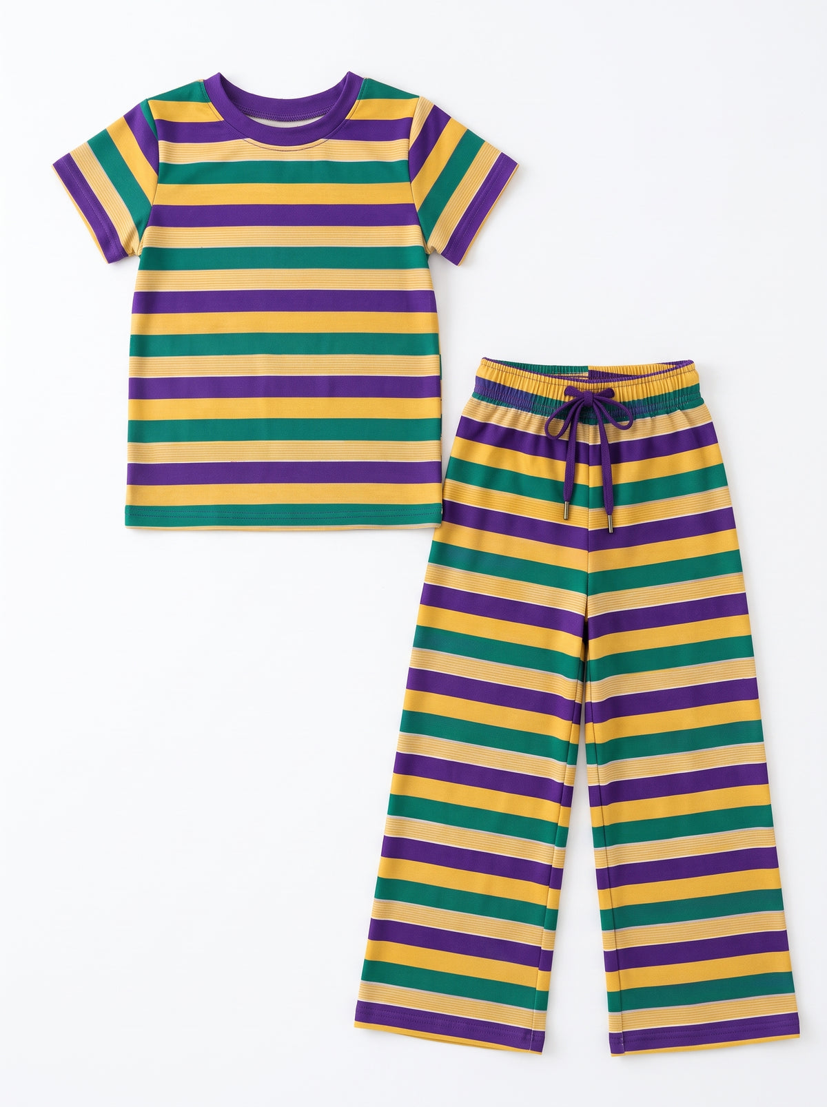 Preorder (moq 5) GSPO2405 Baby Girl Clothes Mardi Gras Striped Print Short Sleeve Wide Leg Pant Set