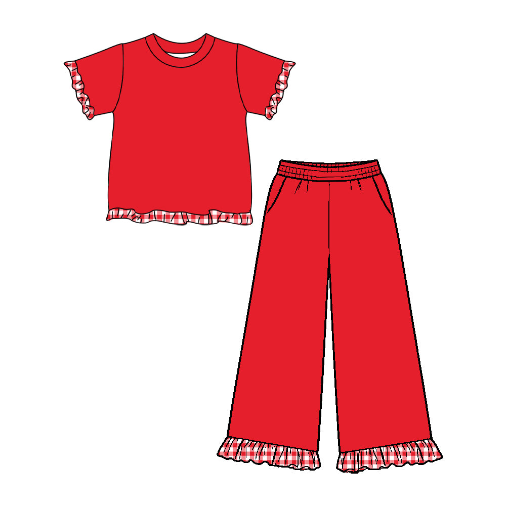 Preorder (moq 5) GSPO2408 Baby Girl Clothes Solid Red With Gingham Ruffle Trim Print Short Sleeve Top Wide Leg Pant Set