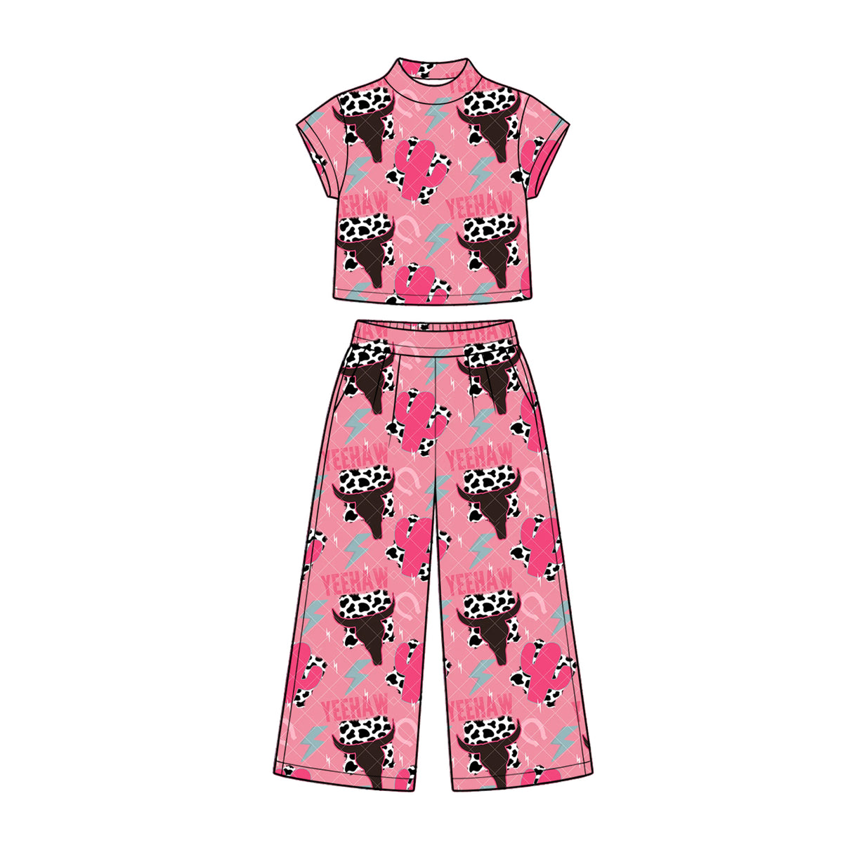 Preorder (moq 5) GSPO2417 Baby Girl Clothes Pink Cow Heart Print Short Sleeve Ruffle Flare Pant Set