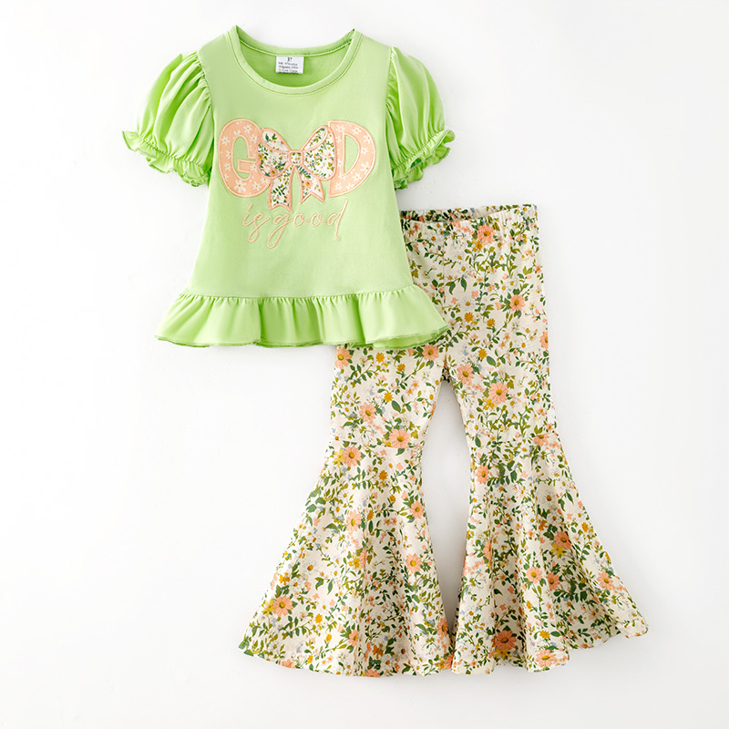 Preorder (moq 5) GLP4098 Baby Girl Clothes Valentine Heart Print Ruffle Long Sleeve Top Heart Flare Pants Outfit Set
