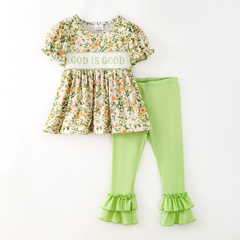 Preorder (moq 5) GSPO2431 Baby Girl Clothes Floral Puff Short Sleeve Peplum Top Green Ruffle Leggings Outfit Set