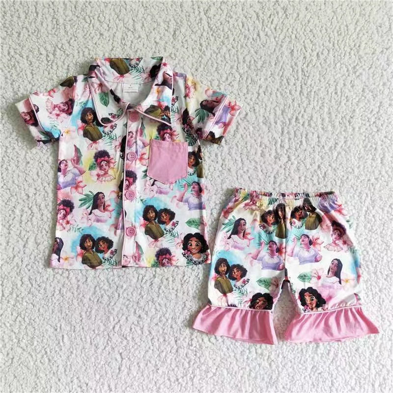 promotion RTS GSSO0024 Pink cartoon pattern collar short sleeves shorts girls pajamas outfits 20230524 RTS