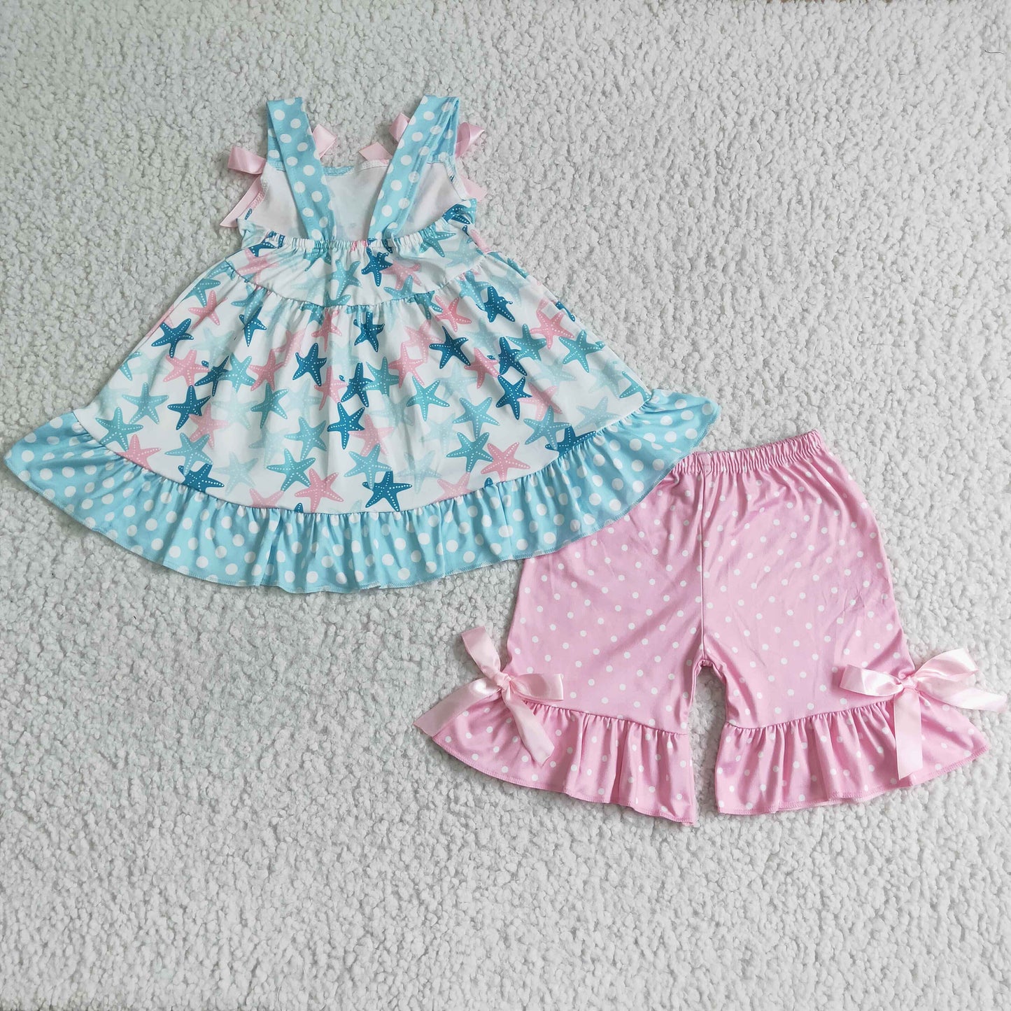 GSSO0058 RTS green pink starfish print puffy sleeves top ribbon bow shorts girl outfit RTS