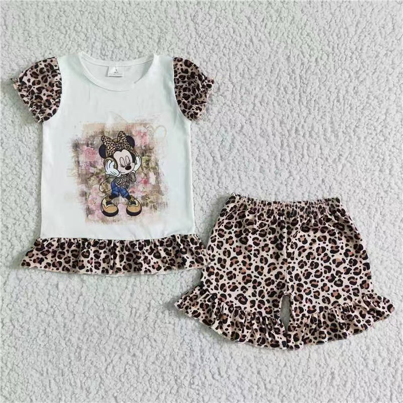 promotion GSSO0079 summer girl set music mouse top leopare print ruffles shorts girl outfits 202305 RTS