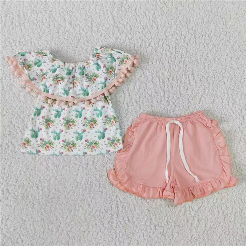 PROMOTION GSSO0103 RTS off shoulder cactus pink pompon top shorts girl clothes outfit 202