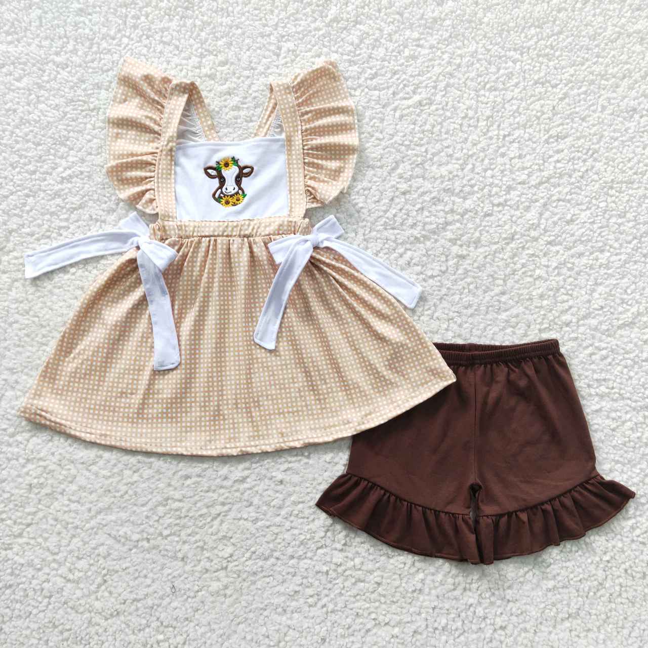 promotion RTS GSSO0233 embroidered short sleeve shorts cow brown plaid brick red summer girls outfit 20230426