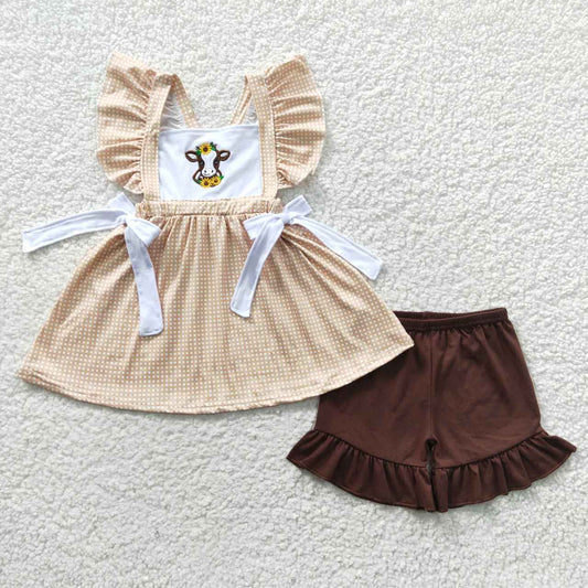 promotion RTS GSSO0233 embroidered short sleeve shorts cow brown plaid brick red summer girls outfit 20230426