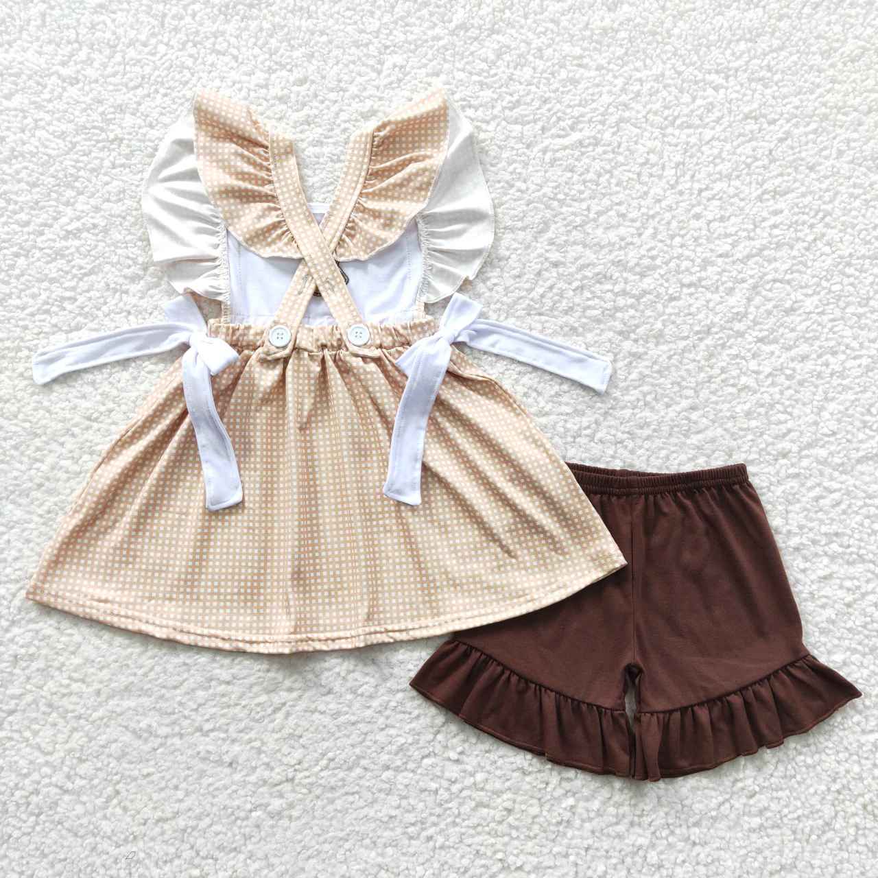 promotion RTS GSSO0233 embroidered short sleeve shorts cow brown plaid brick red summer girls outfit 20230426