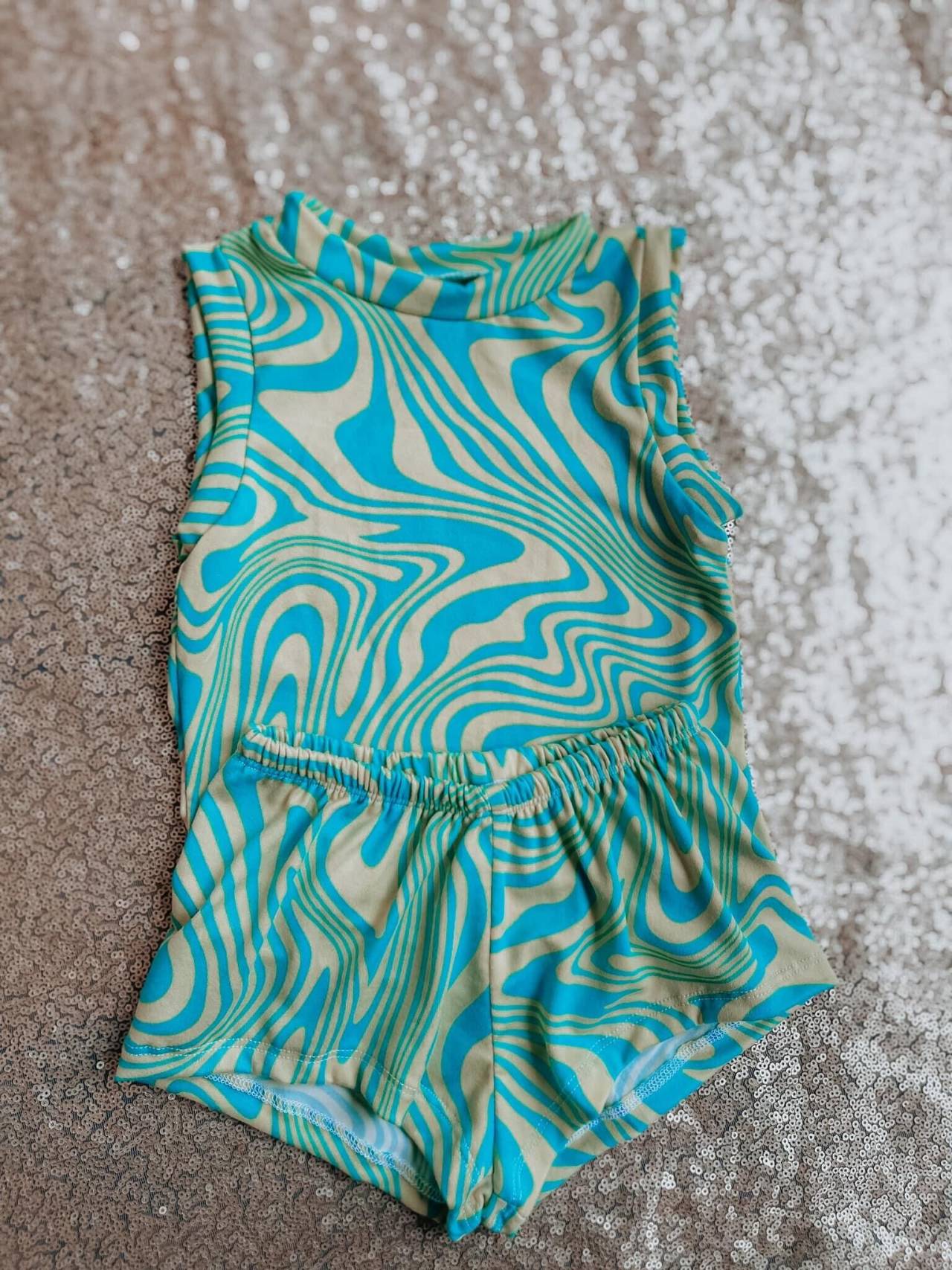 GSSO0361 preorder green flow line water parttern short sleeve shorts summer girl outfit 20230616
