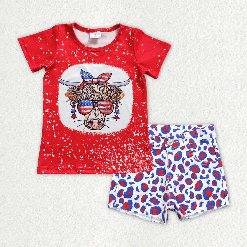 GSSO0757 4th july cow Babe denim leopard shorts set 202401