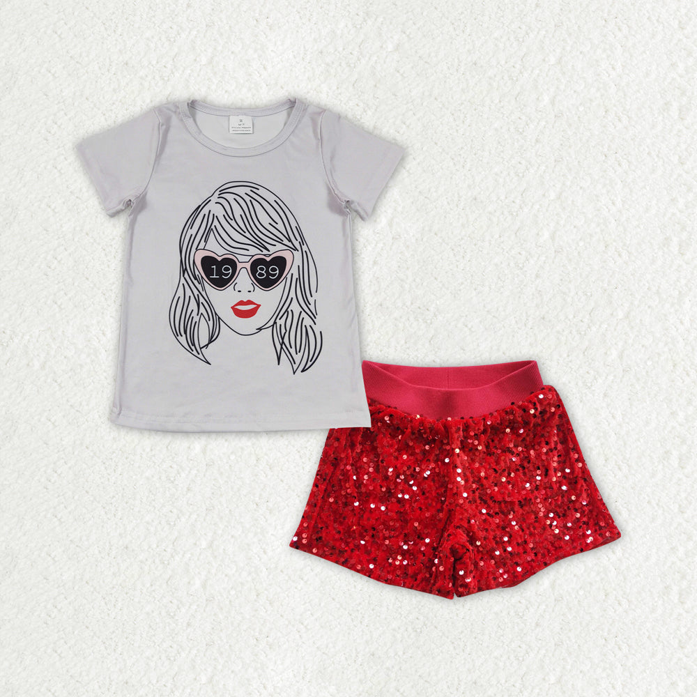 GSPO1459组合 western red Sequin shorts girl summer outfit 202401 RTS