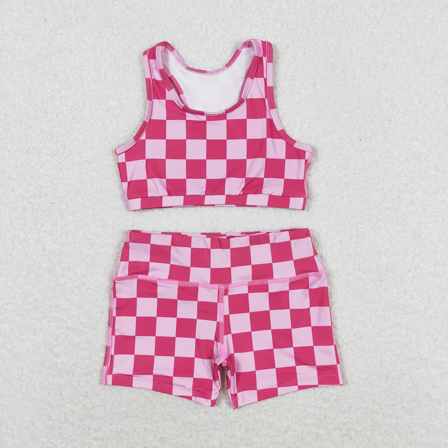 GSSO0905 组合 active wear yoga fabric riding shorts checkerboard pink hot short sleeve shorts boy girl summer outfit 202405 RTS