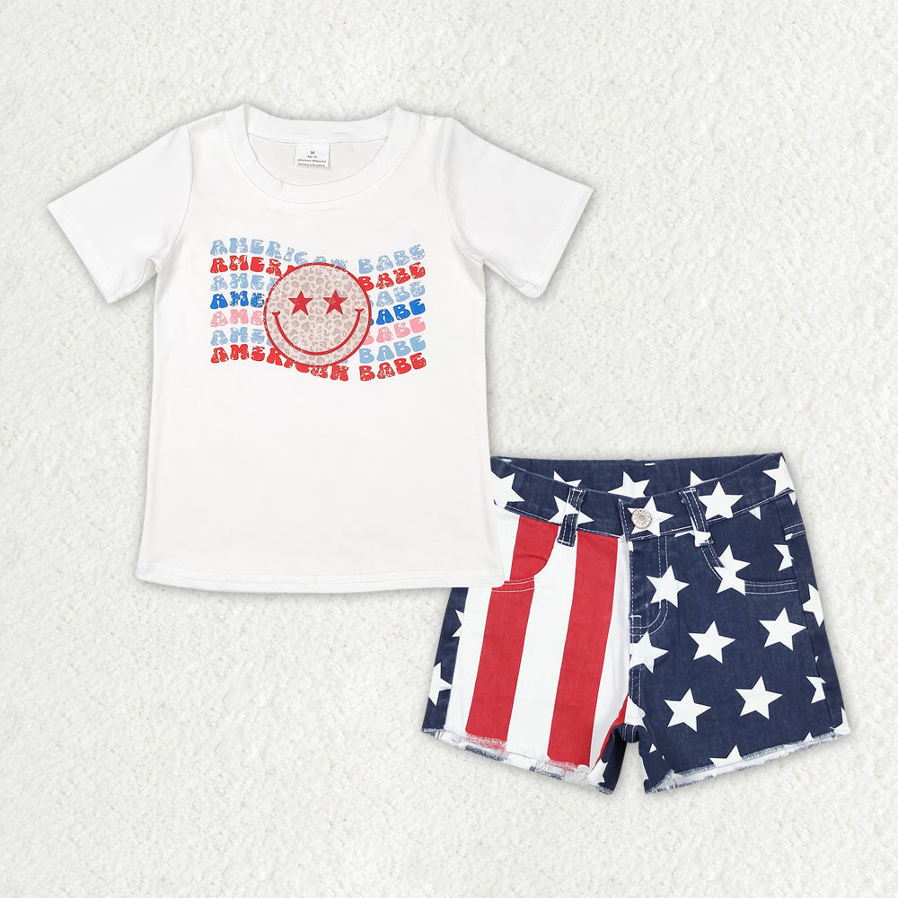 GSSO1439组合 smile 4th July star short sleeve denim jeans girl outfit 202405 RTS