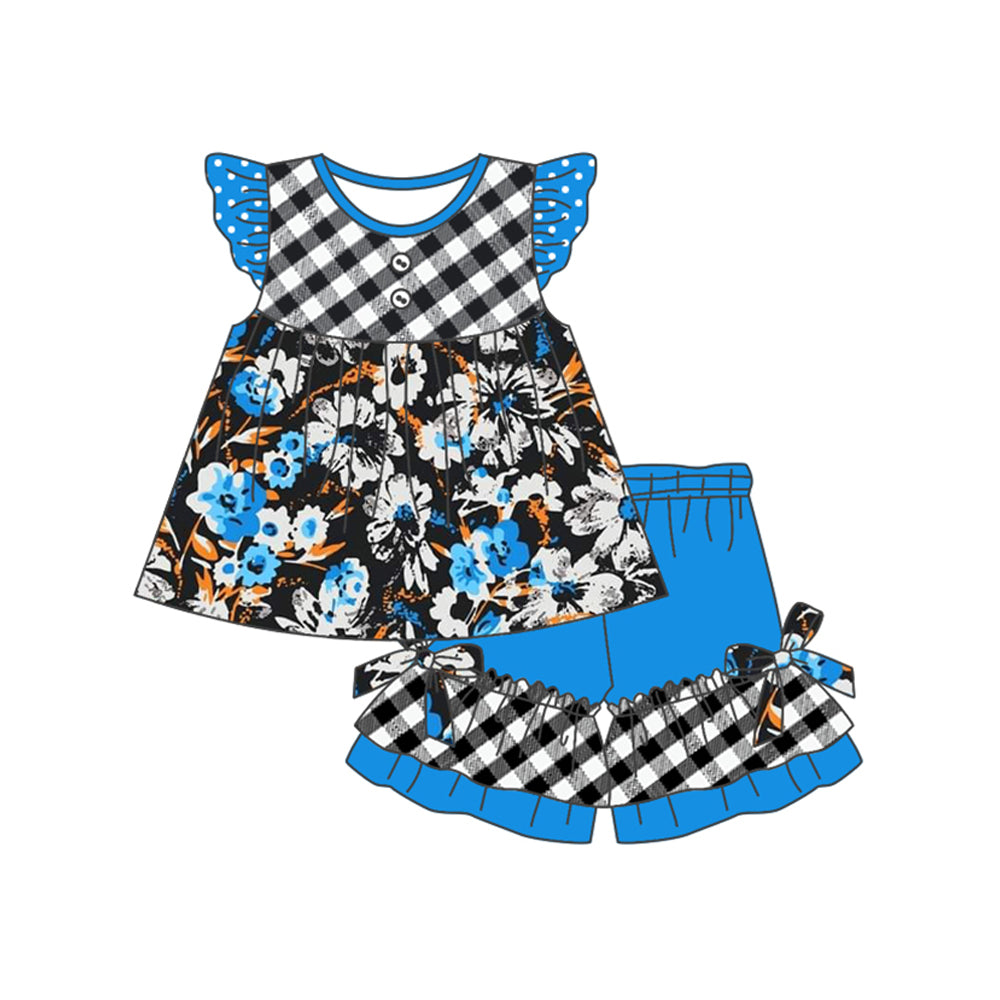 GSSO1558 preorder blue flowers ruflle short sleeve shorts short sleeve girl outfit 202411