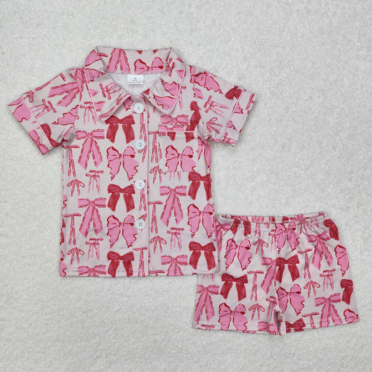 GSSO1718 18 valentines Bow buttons short sleeve shorts girl summer outfit 202501 RTS