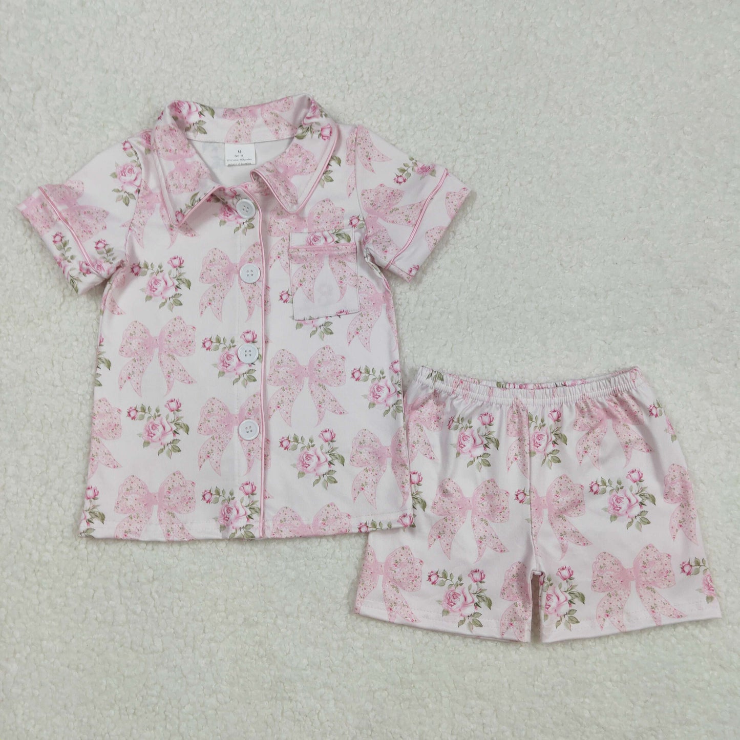 GSSO1780 Bow buttons short sleeve shorts girl summer outfit 202502 RTS
