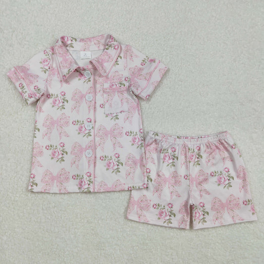 GSSO1780 Bow buttons short sleeve shorts girl summer outfit 202502 RTS