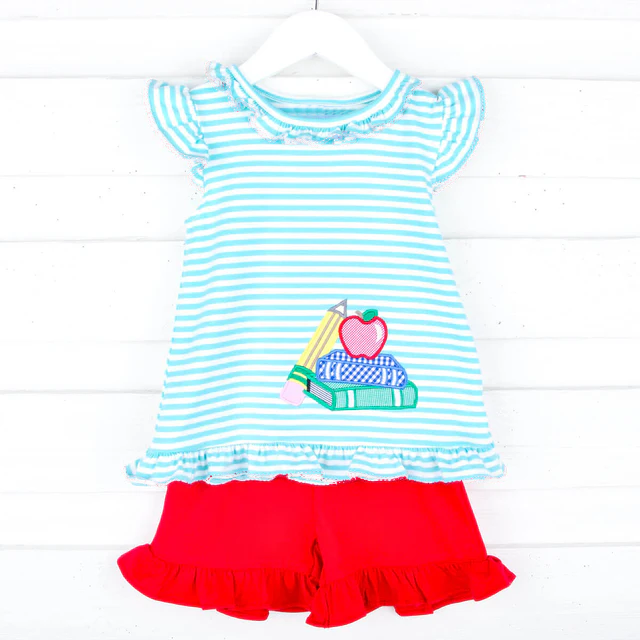 GSSO2070 back to school apples books pencil short sleeves girl outfit 202502 preorder