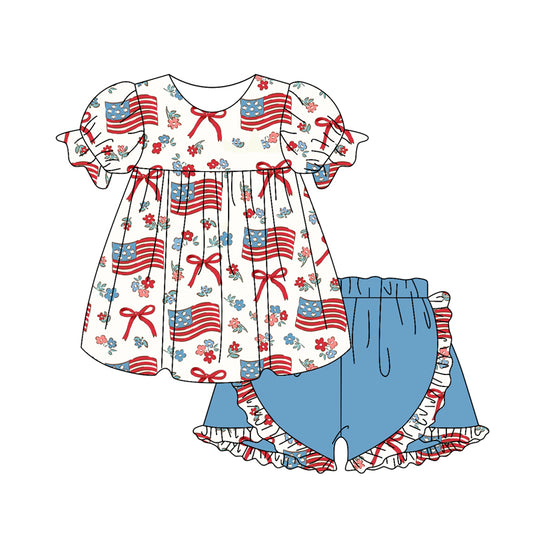 GSSO2218  preorder 4th july bow western short sleeve shorts girl summer outfit 202502