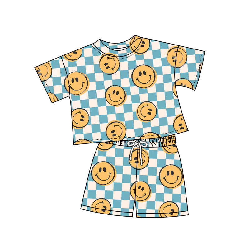 GSSO2242 preorder checkerboard smile face western short sleeve shorts girl summer outfit 202502