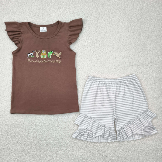 GSSO2353  Embroidery deer dog fish bird  western short sleeve girl shorts outfit 202504 RTS  sibling
