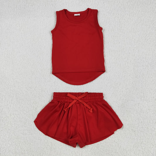 GSSO2499 RED Solid color cotton girl summer  outfit 202505 RTS
