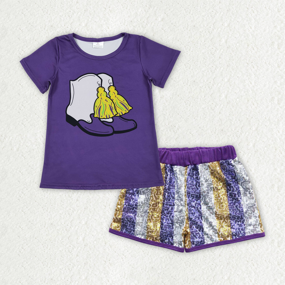 GSSO2806组合 Mardi Gras purple sequin shorts girl summer outfit RTS 202510 RTS