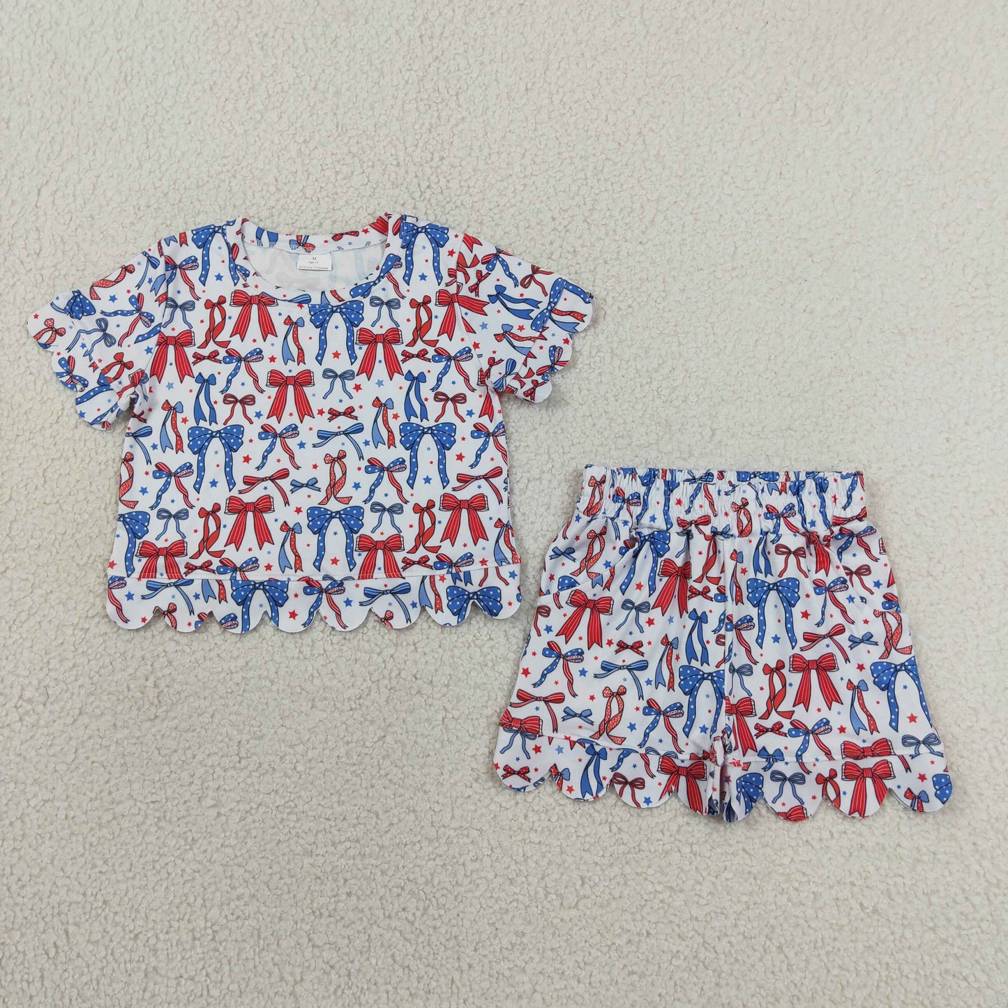 GSSO3548 bow 4th July Scallop Toddler Girls 4th Of July Bow Print Short Sleeve Skirt Two Piece Outfit 202629 RTS