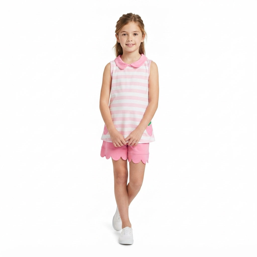 NO MOQ RTS GSSO3631-embroidery Baby Girl Clothes Pink White Stripe Strawberry Applique Print Sleeveless Tunic Top Scallop Short Set 202610