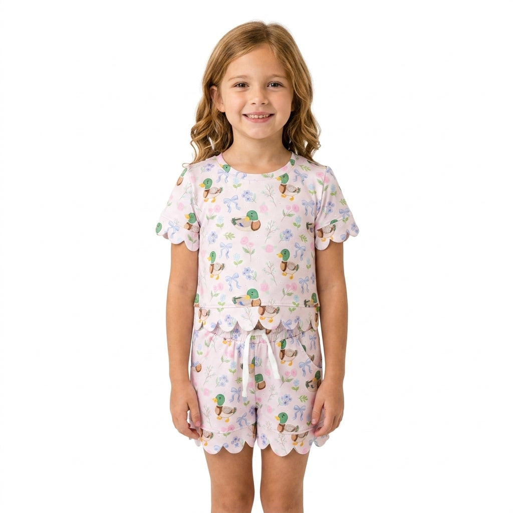NO MOQ RTS GSSO3737 Baby Girl Clothes Duck Floral Print Short Sleeve Top Short Set