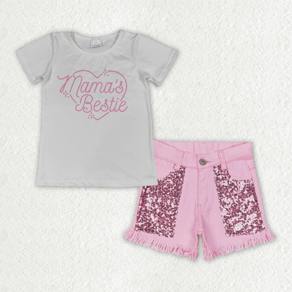 GSSO3756组合,GT1565+SS0230 MAMA'S BESTIE Sequin jeans denim girl shorts outfit set