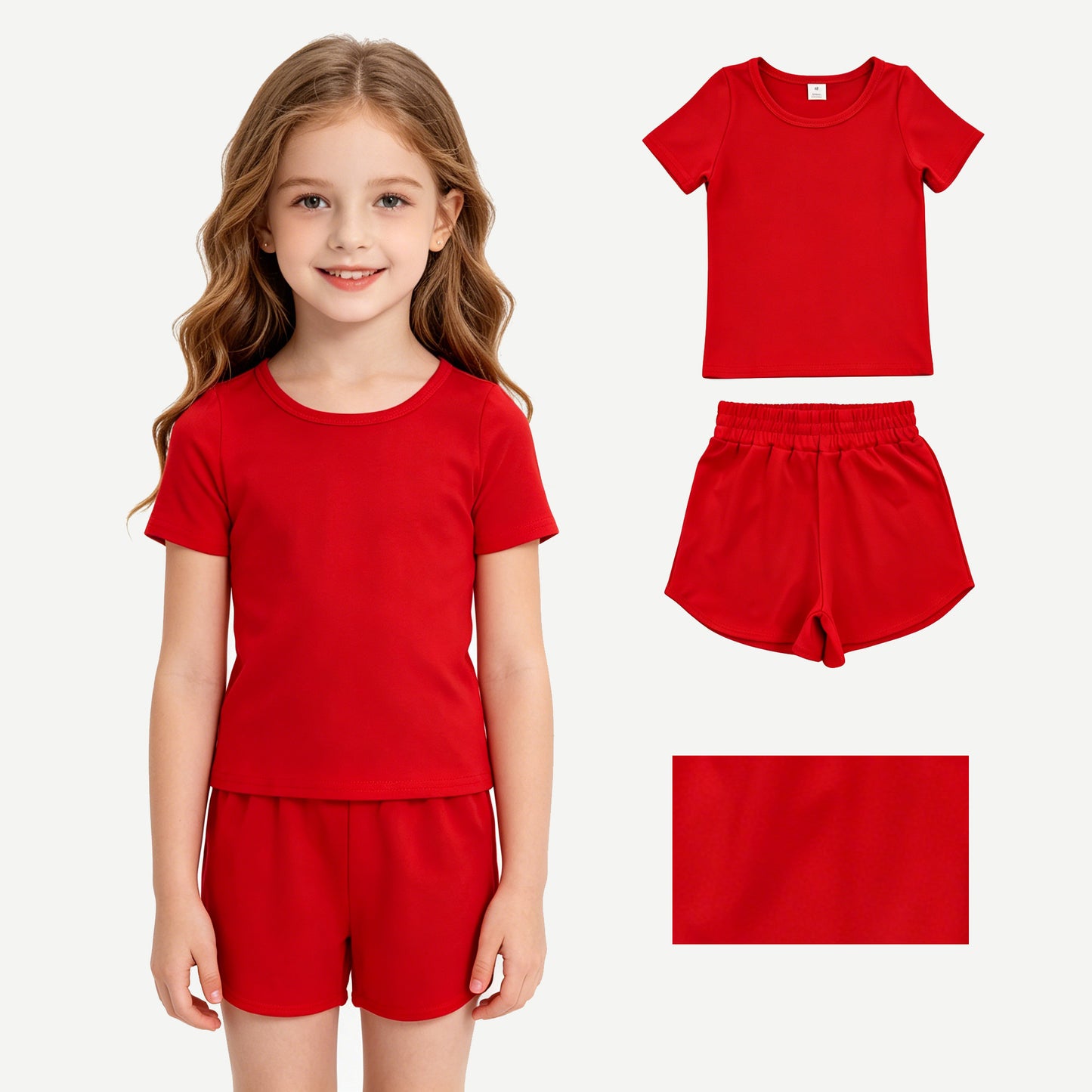 GSSO3765瑜伽组合,GT1634瑜伽+SS0901瑜伽 Red Kids Basic Short Sleeve Tee Sports Shorts Outfit 20260630 RTS
